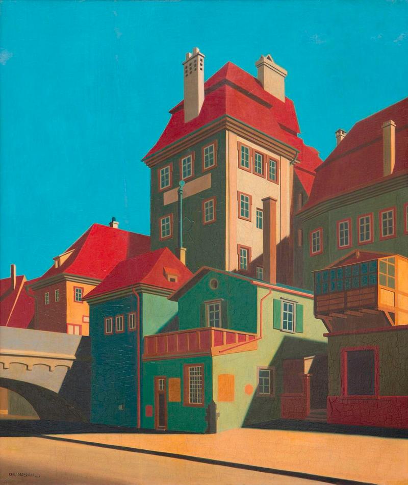 Carl Grossberg, Br&uuml;ckenkopf an der Alten Mainbr&uuml;cke, 1928, &Ouml;l auf Sperrholz, 60 x 50 cm