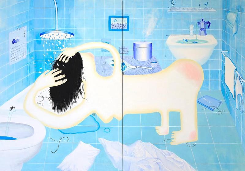 Seungyeon Jo, Rush  hour in confined Blue, 2024, Acryl auf Leinwand, 140 x 200 cm